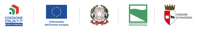 Banner loghi per progetti ATUSS - Agende Trasformative Urbane per lo Sviluppo Sostenibile. Loghi da sinistra: Marchio Coesione Italia, Emblema dell’Unione Europea, Repubblica Italiana, Regione Emilia-Romagna, Comune di Piacenza.