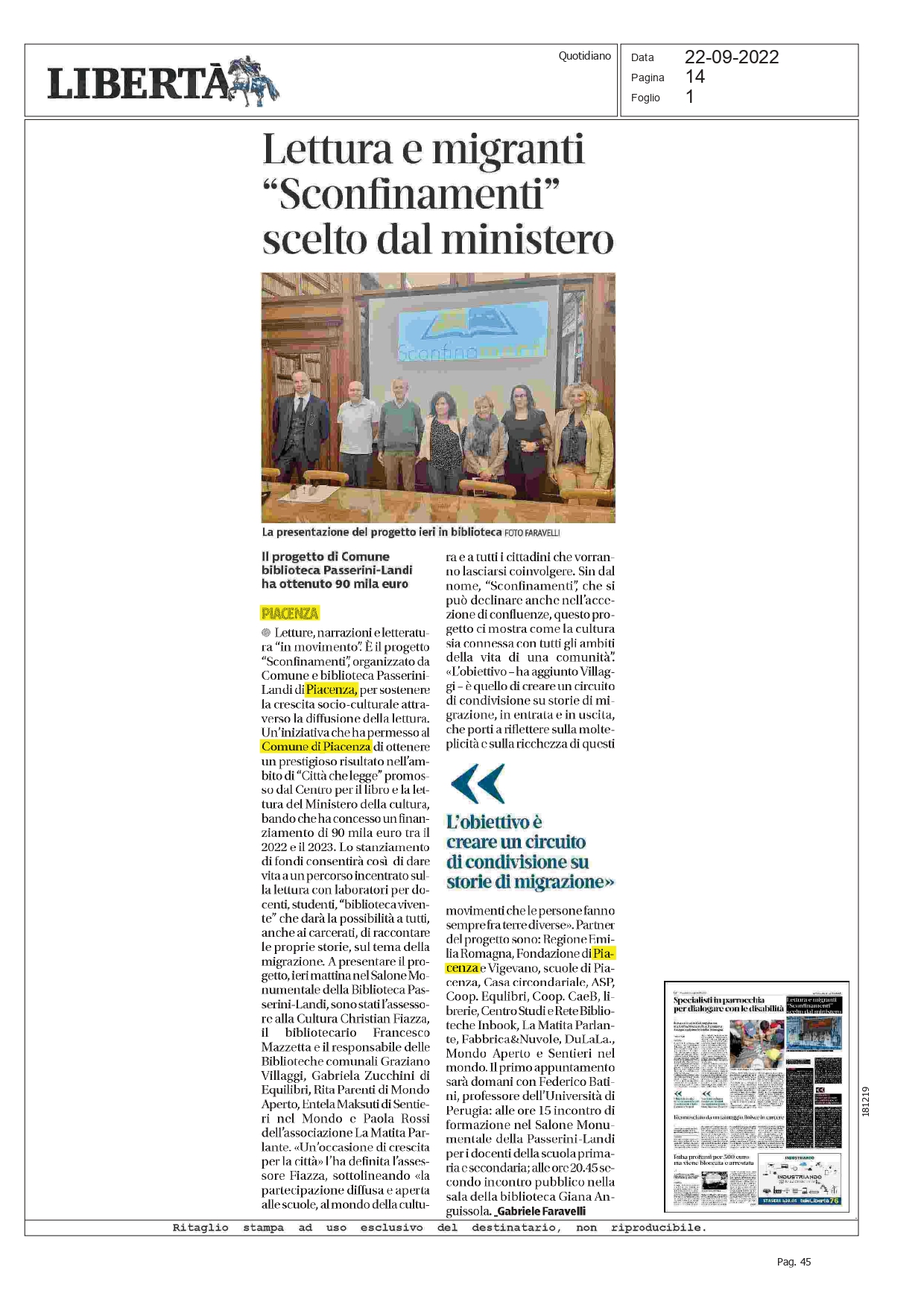 Rassegna stampa - Libertà - 22 settembre 2022