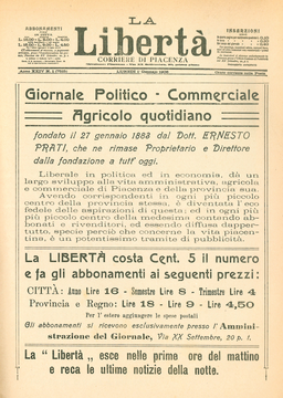 Pubblicità del quotidiano Libertà apparso in Nuova Guida di Piacenza, Piacenza, Foroni 1908
